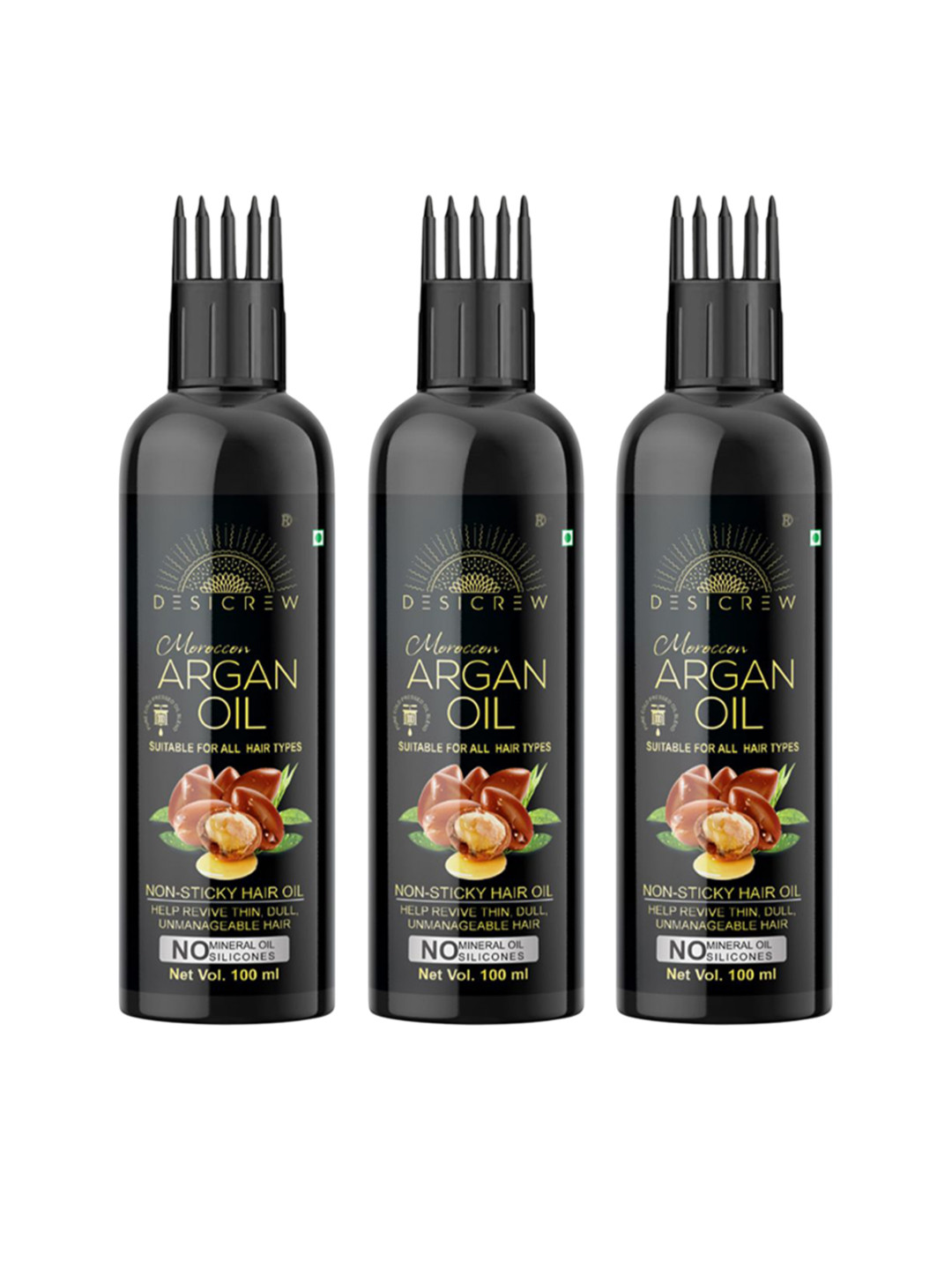 

Desi Crew Set Of 3 Moroccan 100% Pure & Natural Argan Oil For Hair & Skin - 100 ml Each, Black