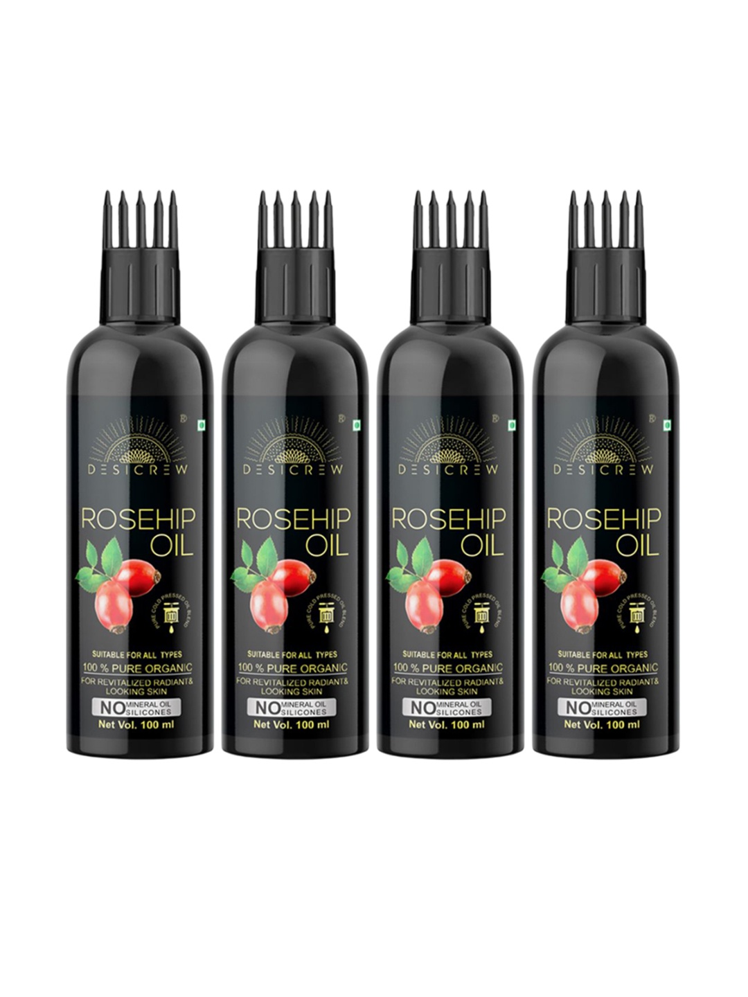 

Desi Crew Set Of 4 100% Pure & Natural Rosehip Oil For Hair & Skin - 100 ml Each, Black