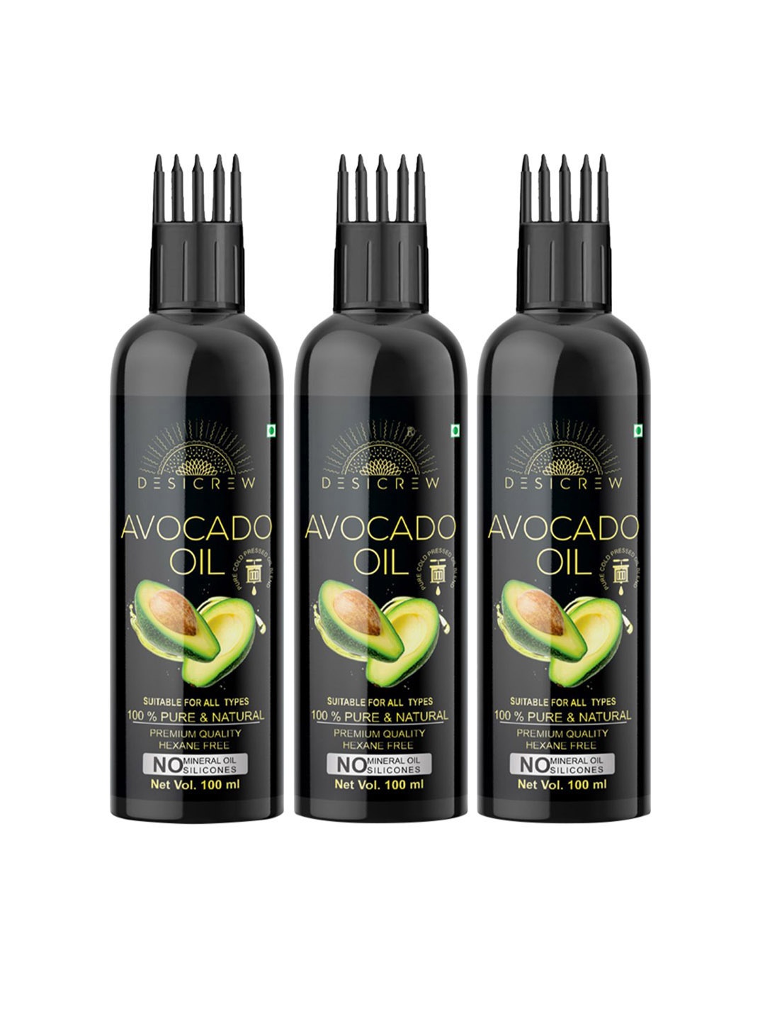 

Desi Crew Set Of 3 100% Pure & Natural Avocado Oil For Hair & Skin - 100 ml Each, Black