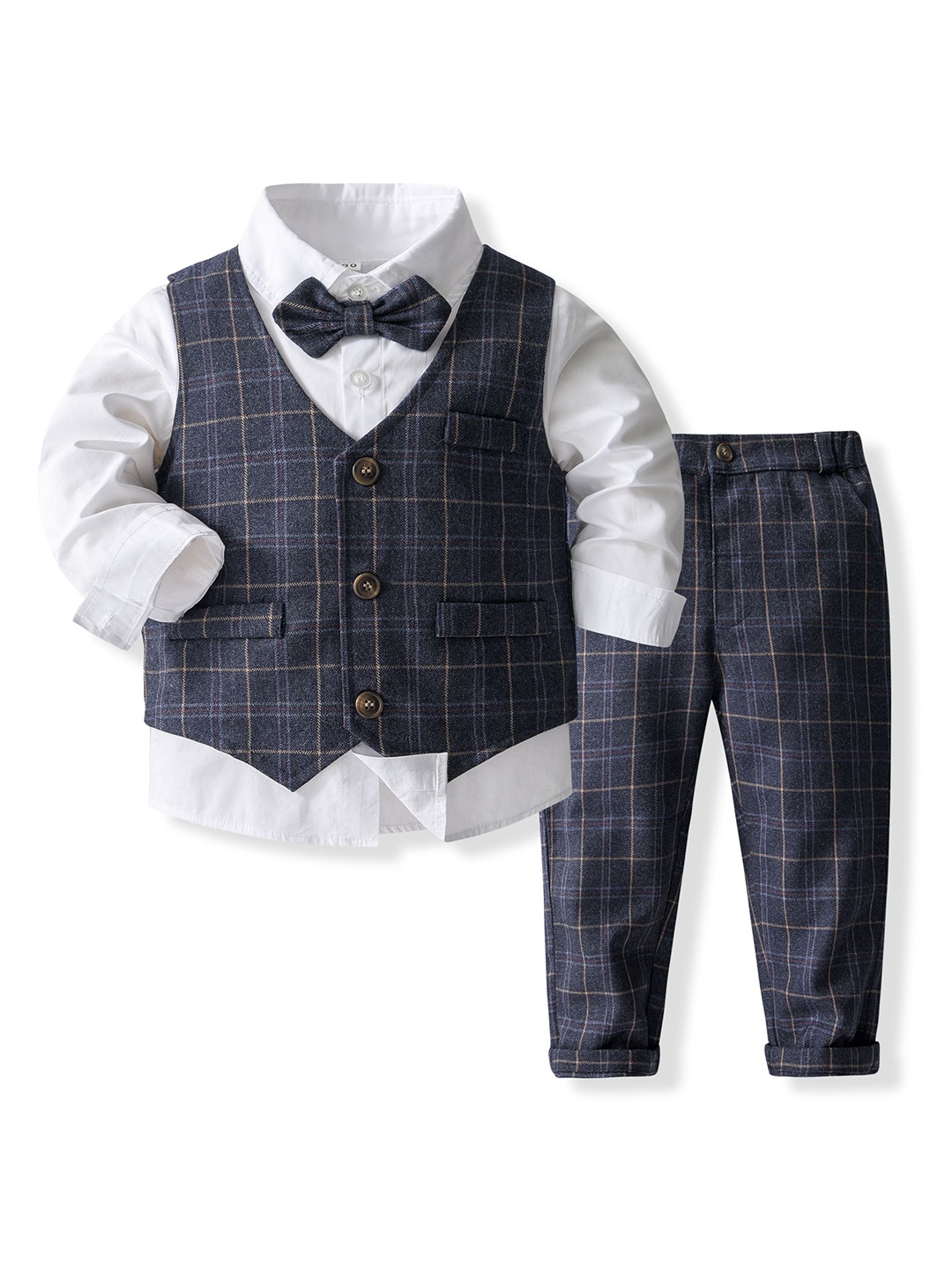 

StyleCast x Revolte Boys Checked Pure Cotton Single-Breasted Three Piece Suit, Grey