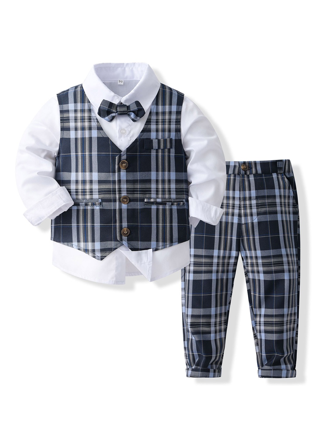 

StyleCast x Revolte Boys Checked Pure Cotton Single-Breasted Three Piece Suit, Blue