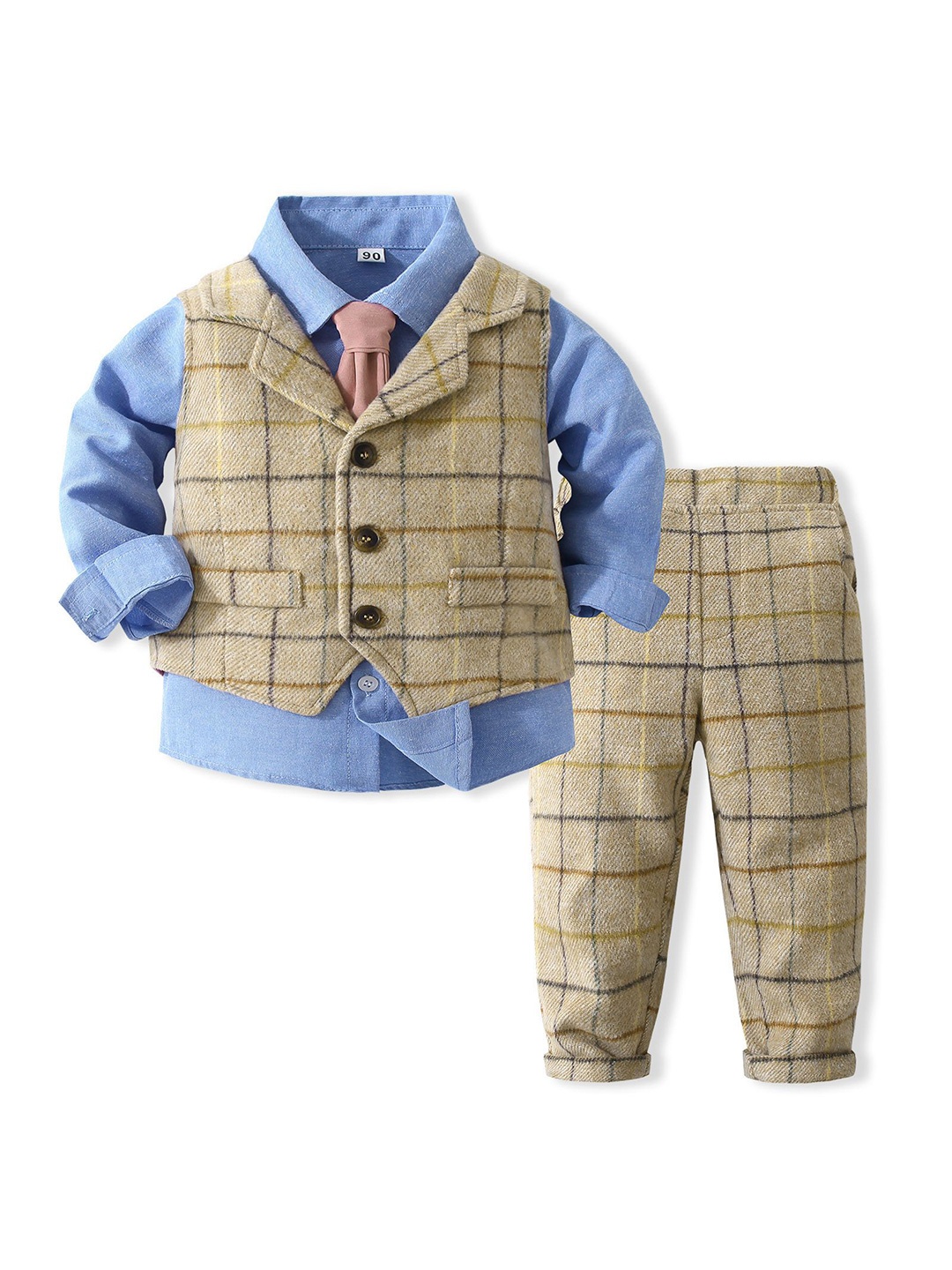 

StyleCast x Revolte Boys Checked Pure Cotton Single-Breasted Three Piece Suit, Blue