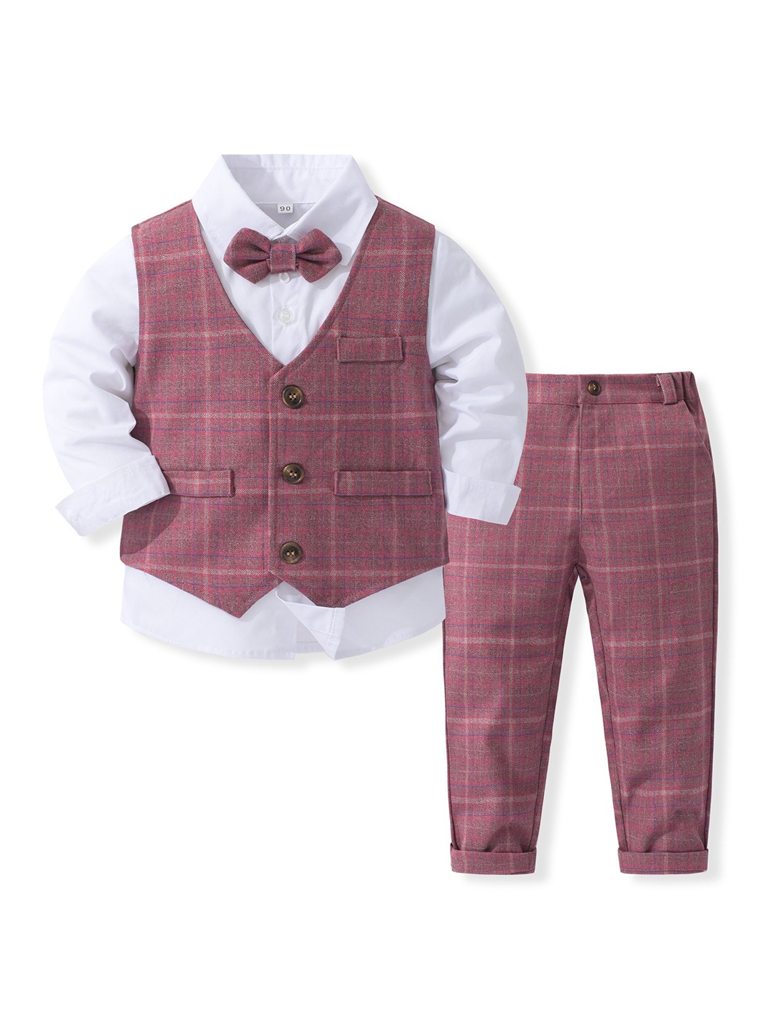 

StyleCast x Revolte Boys Checked Pure Cotton Single-Breasted Three Piece Suit, Pink