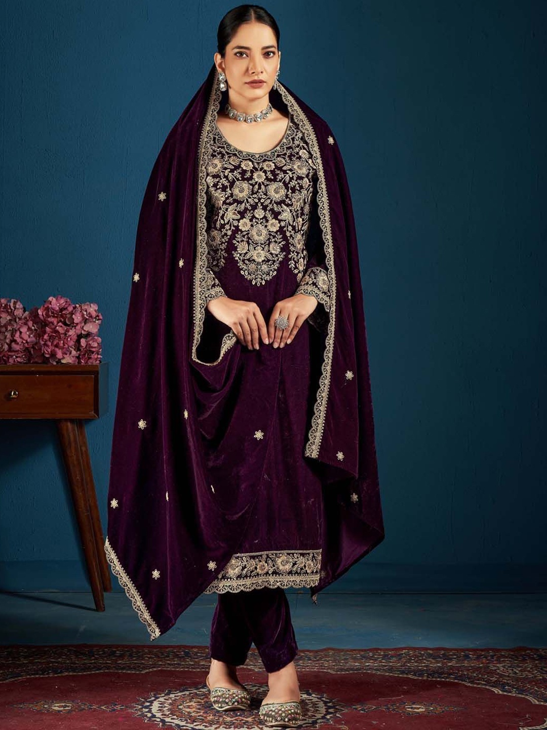 

Clora Creation Women Ethnic Motifs Embroidered Regular Velvet Kurta with Trousers & With Dupatta, Purple