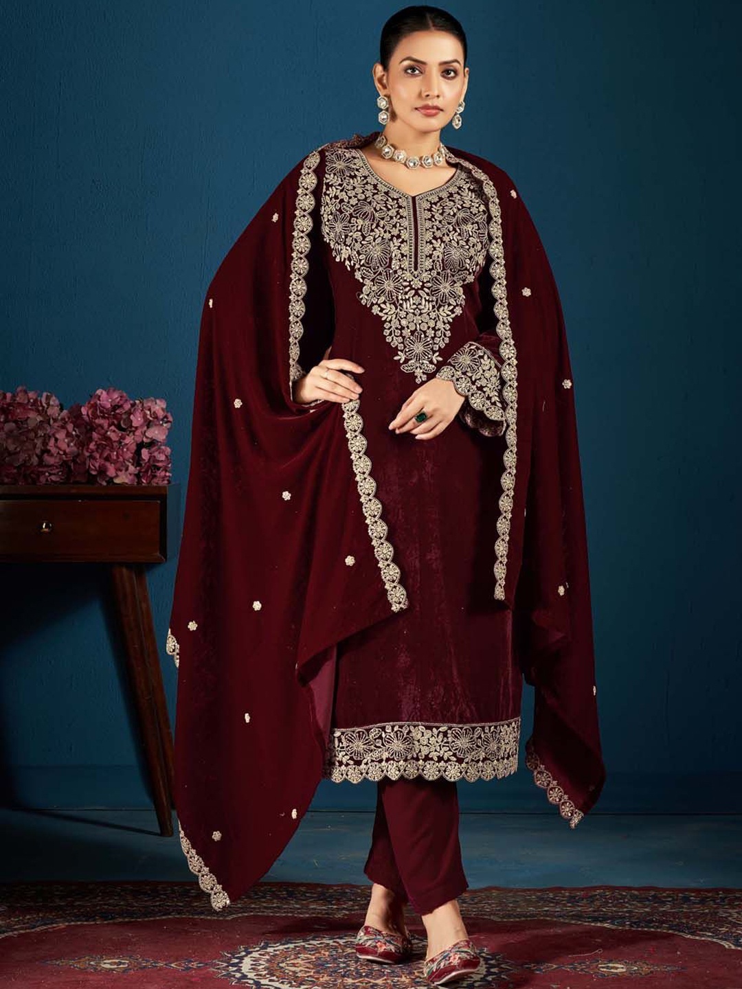 

Clora Creation Women Ethnic Motifs Embroidered Regular Thread Work Velvet Kurta with Trousers & With Dupatta, Maroon