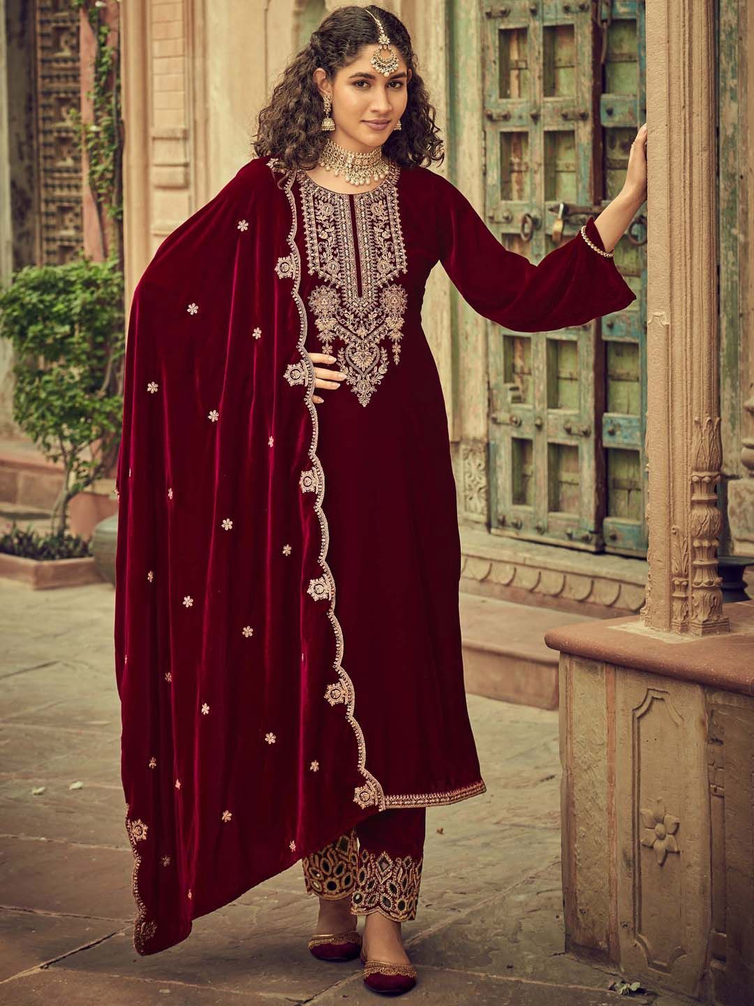 

Clora Creation Women Ethnic Motifs Embroidered Regular Velvet Kurta with Trousers & With Dupatta, Maroon