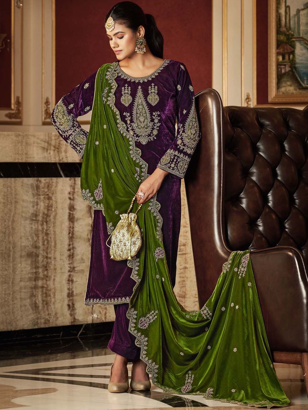 

Clora Creation Women Ethnic Motifs Embroidered Regular Thread Work Velvet Kurta with Trousers & With Dupatta, Purple