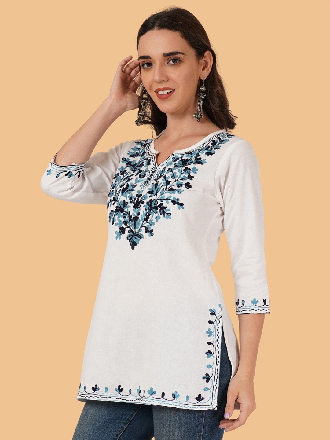 

Brownverse Ethnic Motifs Embroidered Pleated Kurti, White
