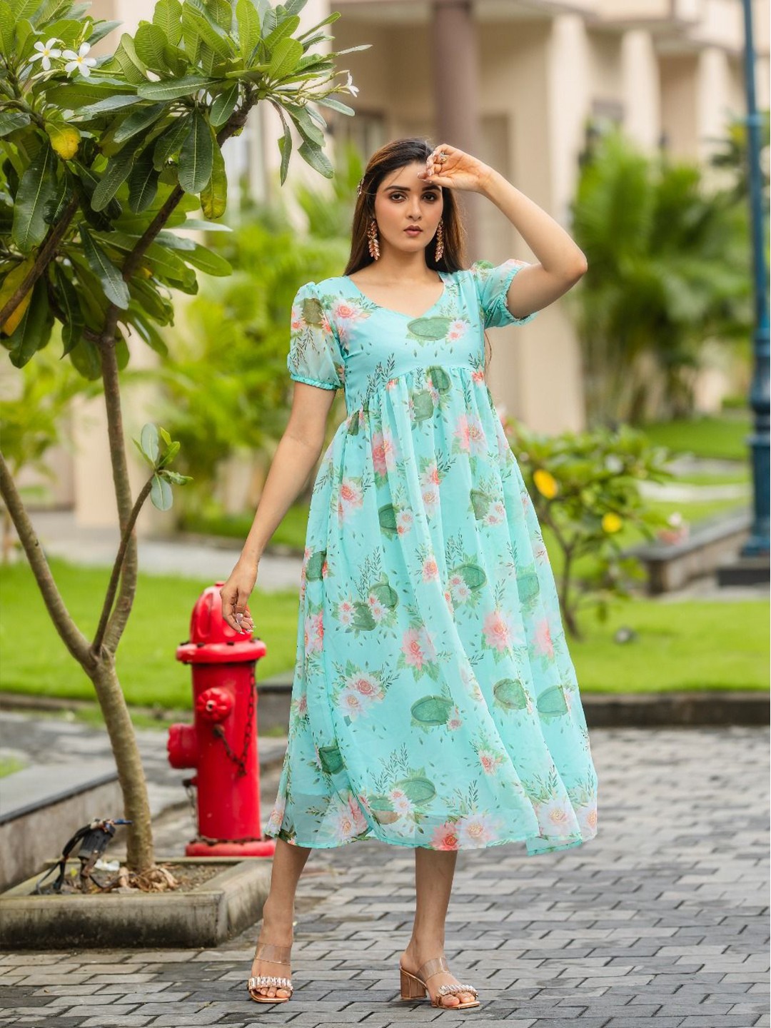 

NIJANAND TEXTILE Floral Print Georgette Maxi Midi Dress, Blue