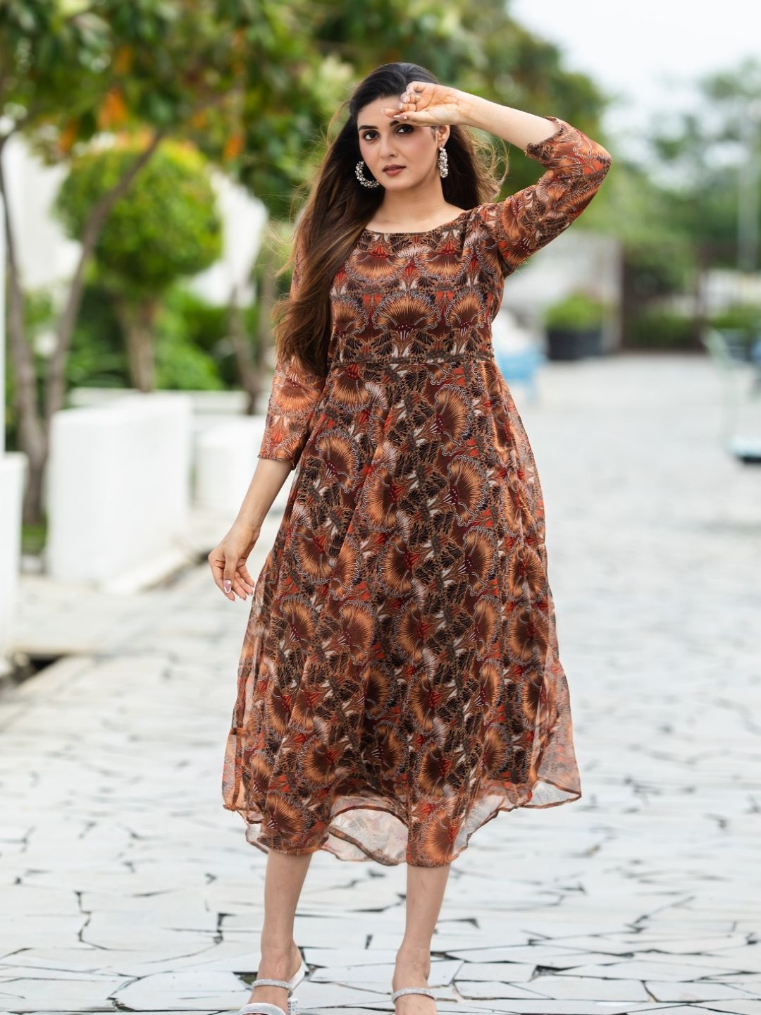 NIJANAND TEXTILE Floral Print Georgette Maxi Midi Dress, Maroon