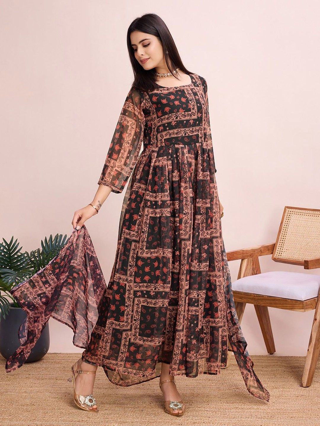 

NIJANAND TEXTILE Floral Print Georgette Maxi Midi Dress, Maroon