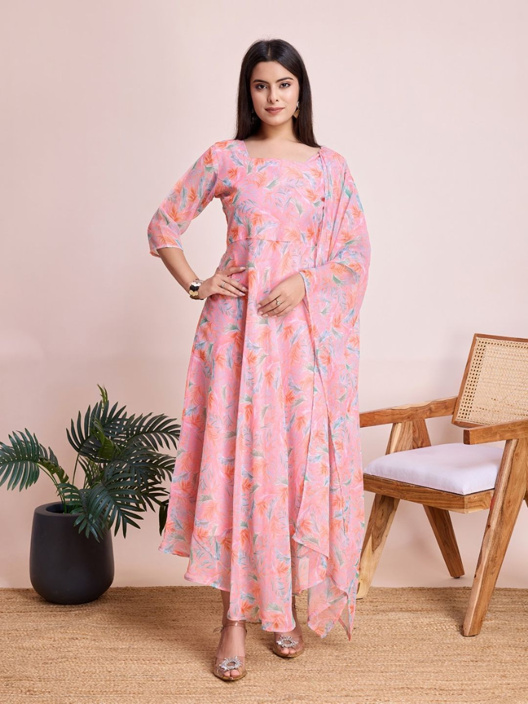 

NIJANAND TEXTILE Floral Print Georgette Maxi Midi Dress, Pink