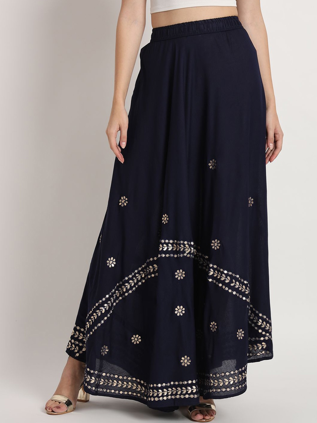 

Moda Rapido Women Embroidered Flared Maxi Skirt, Navy blue