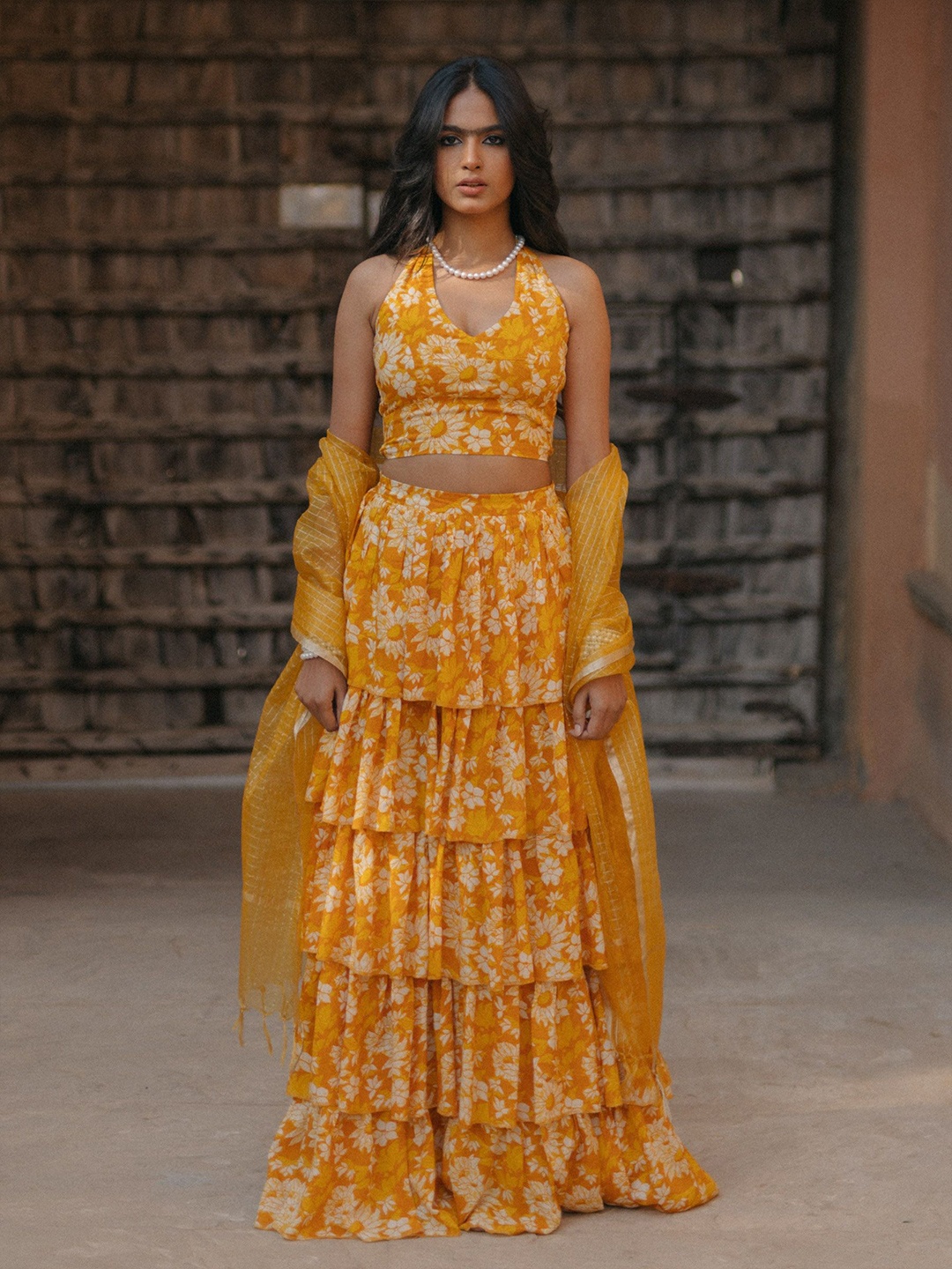 

BAARO MASI Floral Printed Ready to Wear Lehenga & Blouse With Dupatta, Yellow