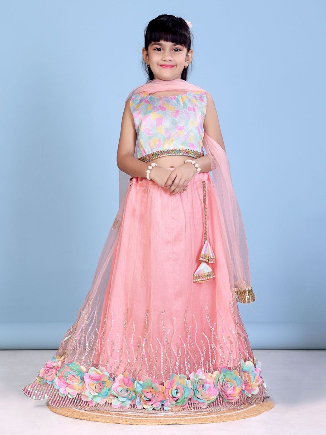 

BAESD Girls Printed Ready to Wear Lehenga & Blouse With Dupatta, Peach