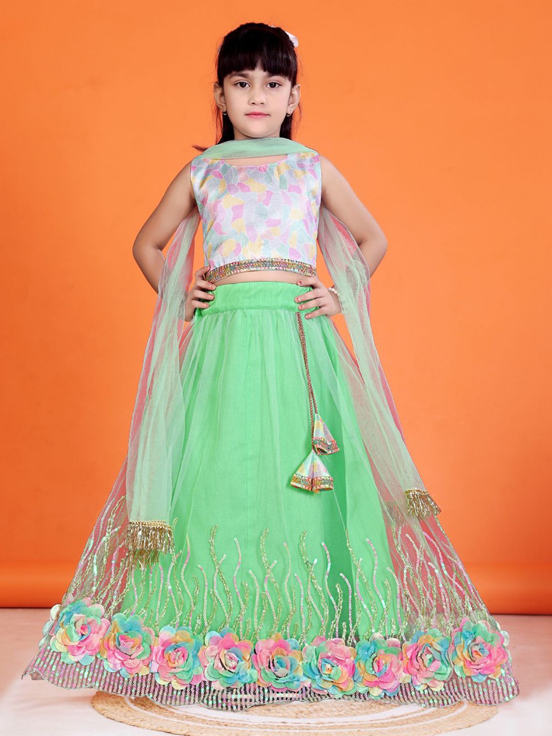 

BAESD Girls Printed Ready to Wear Lehenga & Blouse With Dupatta, Fluorescent green