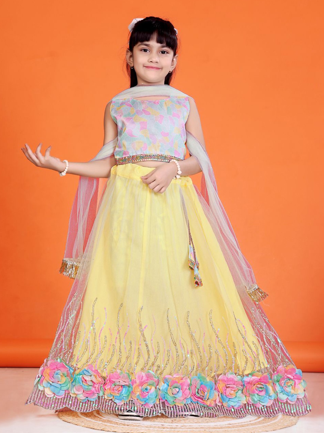 

BAESD Girls Printed Ready to Wear Lehenga & Blouse With Dupatta, Yellow