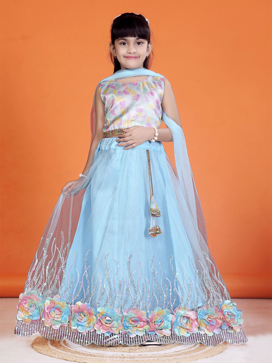 

BAESD Girls Printed Sequinned Ready to Wear Lehenga & Blouse With Dupatta, Sea green