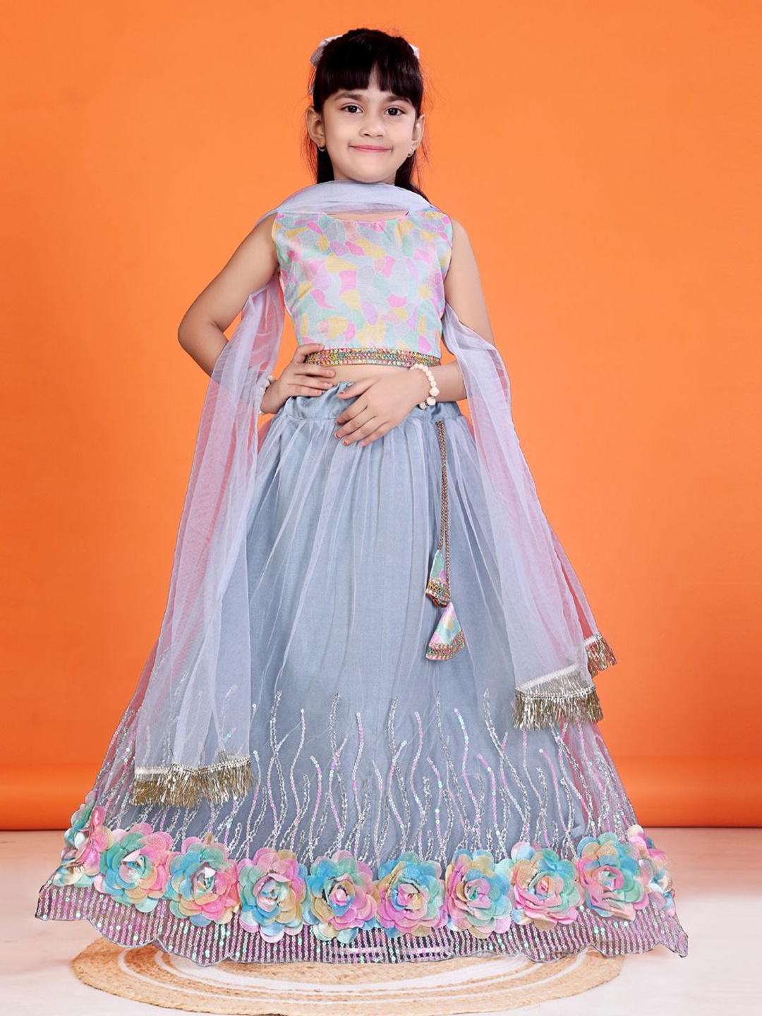 

BAESD Girls Printed Ready to Wear Lehenga & Blouse With Dupatta, Grey