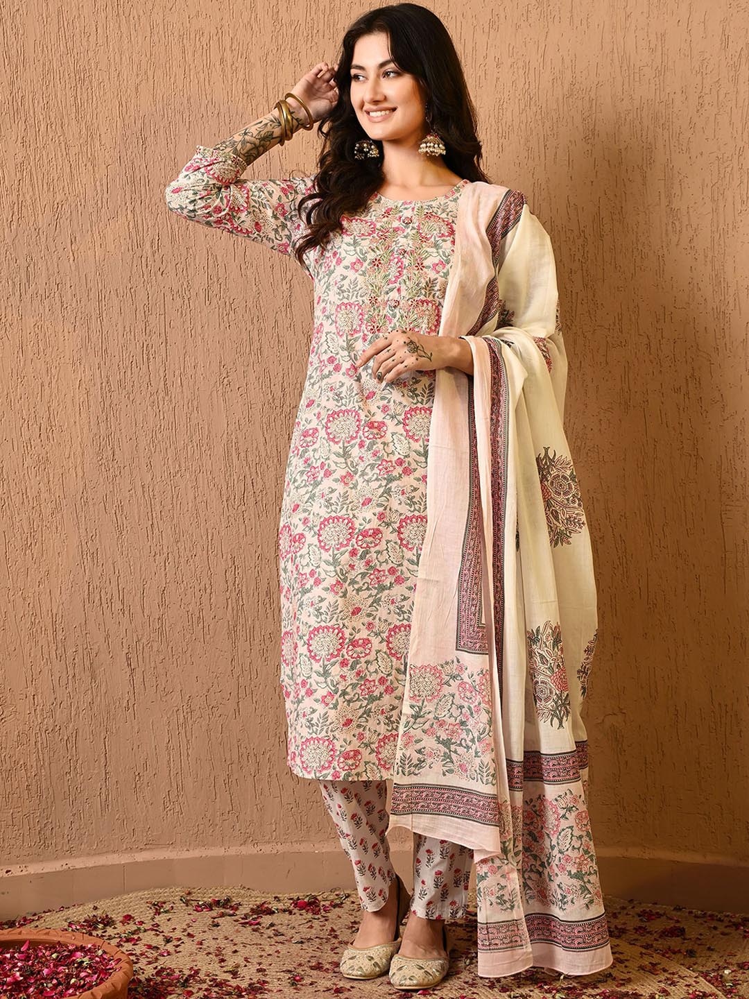 

KALINI Floral Embroidered Thread Work Pure Cotton Kurta with Trouser & Dupatta, Peach