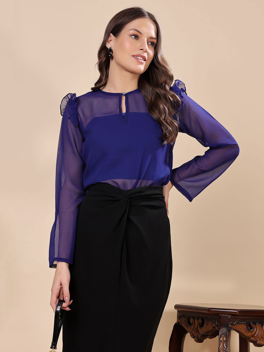 

SCORPIUS Women Keyhole Neck RufflesTop, Blue