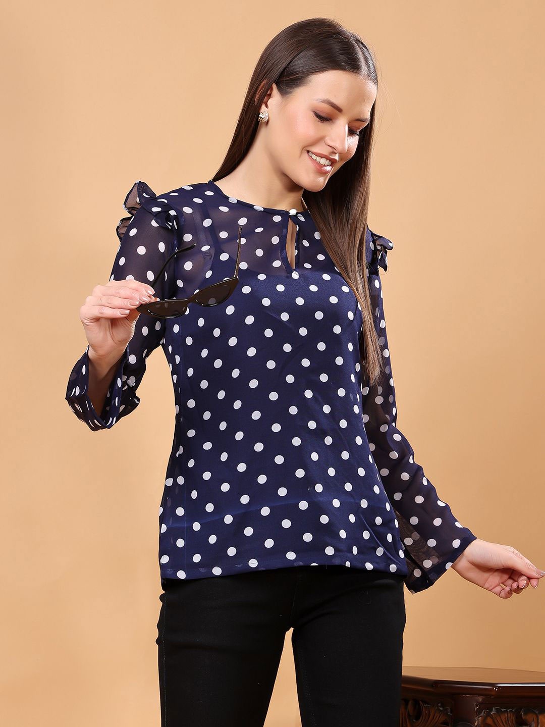 SCORPIUS Women Polka Dot Print Keyhole Neck Tube Top, Navy blue
