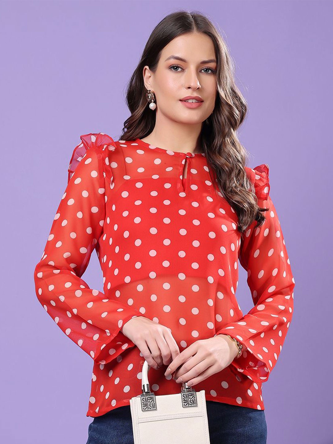 

SCORPIUS Women Polka Dot Print Keyhole Neck Bell Sleeve Tube Top, Red