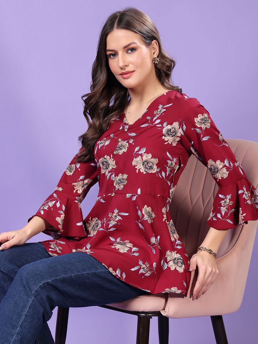 

SCORPIUS Women Floral Printed Crepe Peplum Top, Maroon