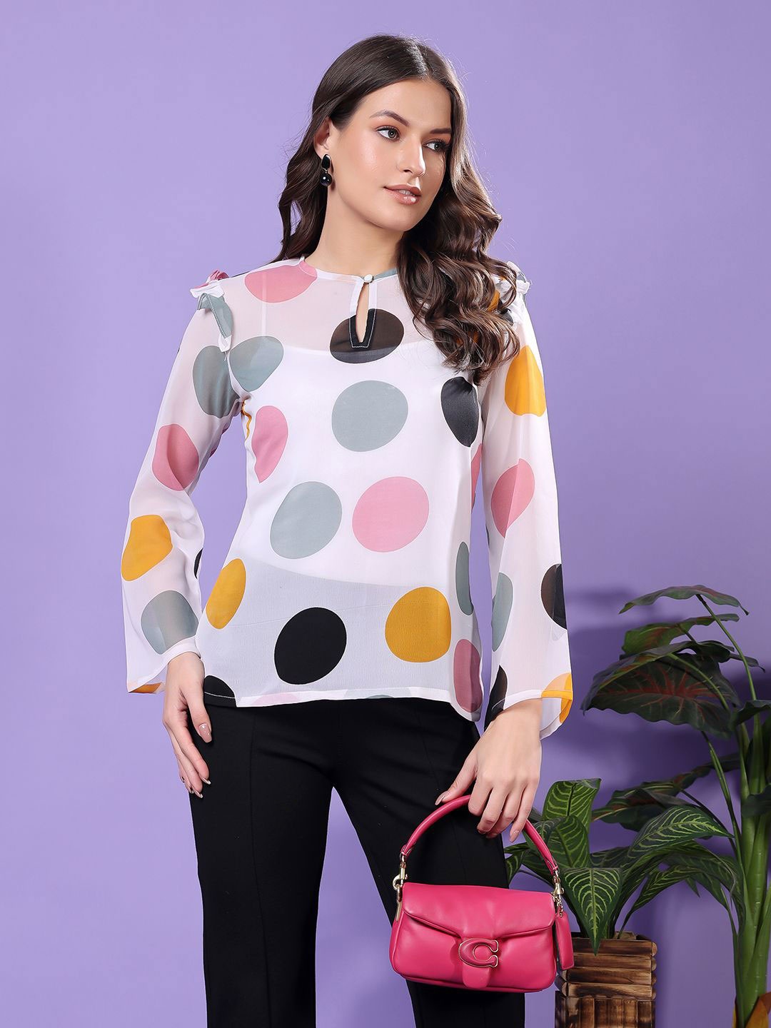 

SCORPIUS Women Polka Dot Printed Keyhole Neck Top, White