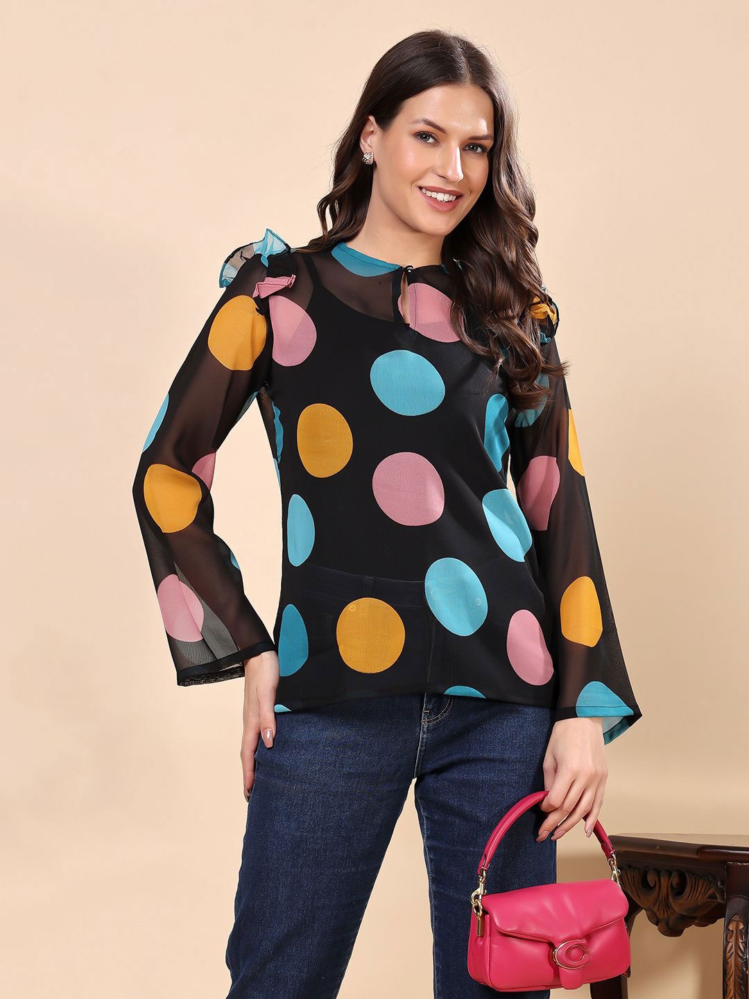 

SCORPIUS Women Polka Dot Printed Keyhole Neck Georgette Semi Sheer Top, Black