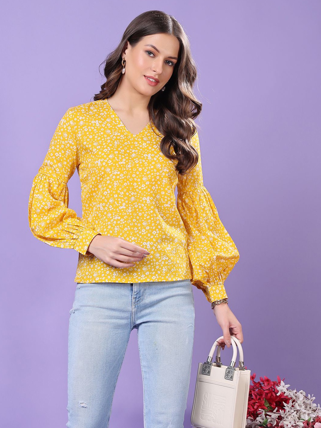 

SCORPIUS Women Floral Printed Crepe A-Line Top, Yellow