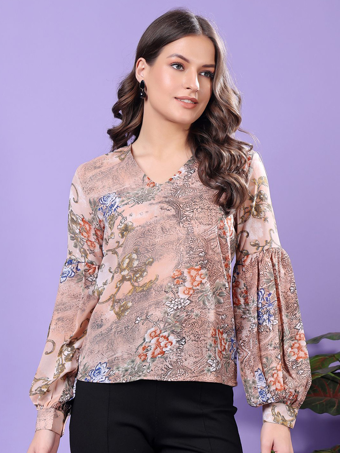 

SCORPIUS Women Floral Printed V-Neck Cuffed Sleeves Top, Brown