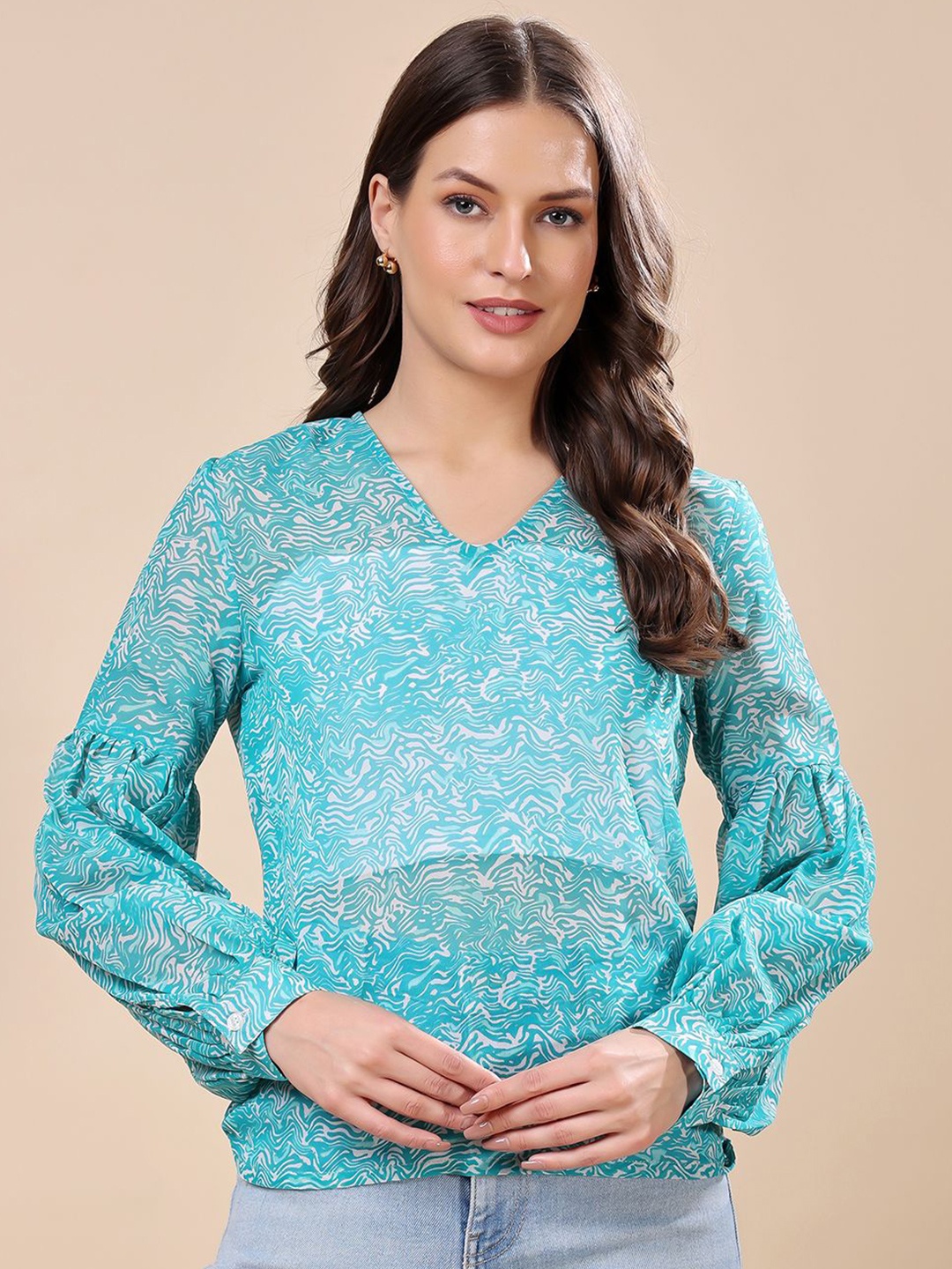 

SCORPIUS Women Printed Bishop Sleeves Blouson Top, Blue