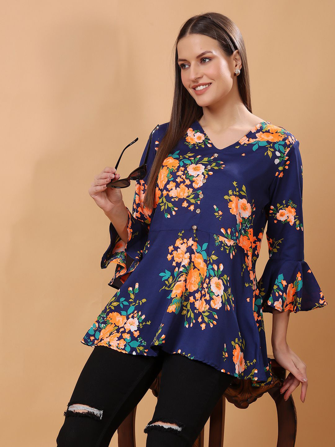 

SCORPIUS Women Floral Printed Bell Sleeve Tube Top, Blue