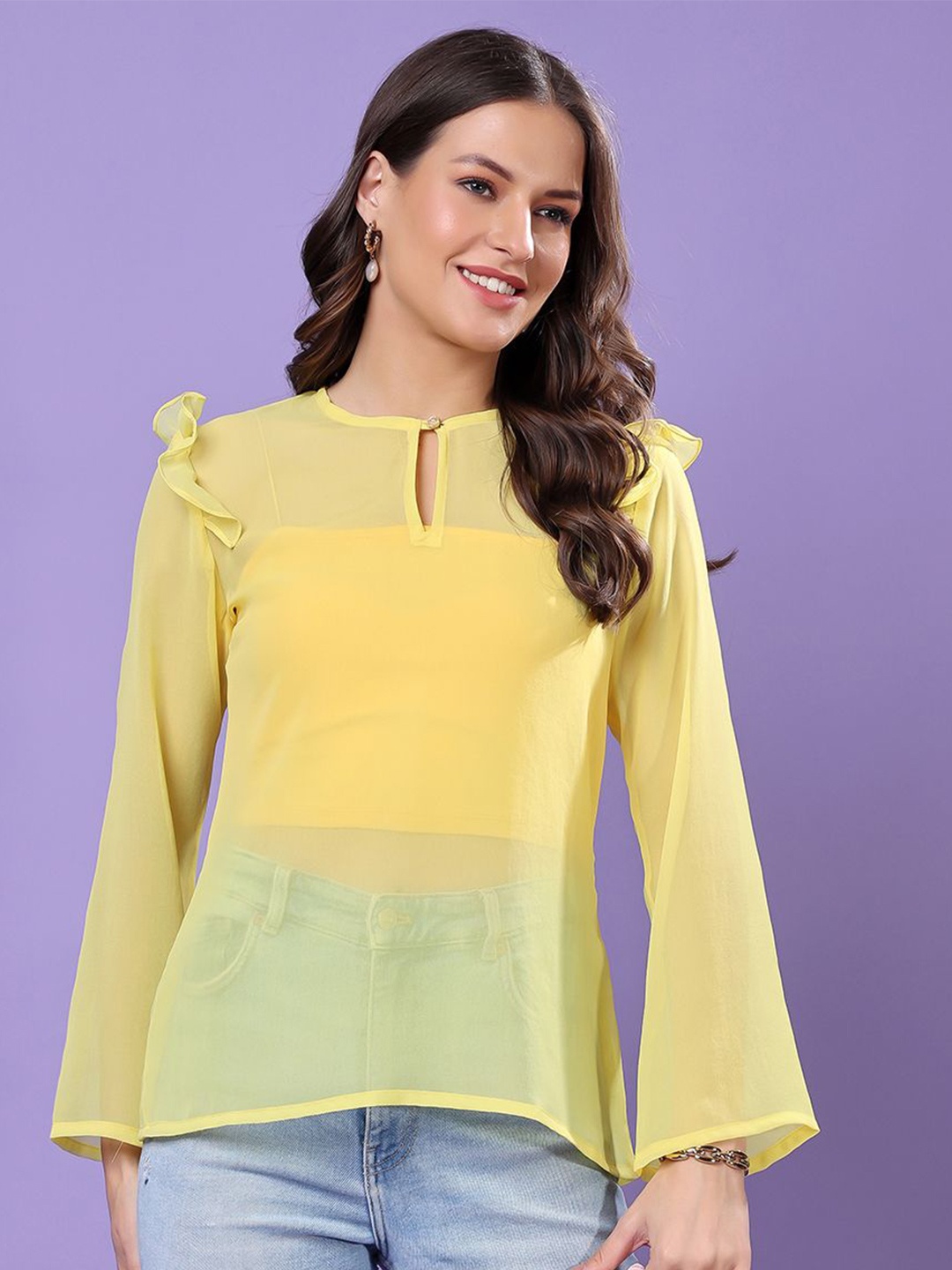 

SCORPIUS Keyhole Neck Flared Sleeve Chiffon Tube Top, Yellow