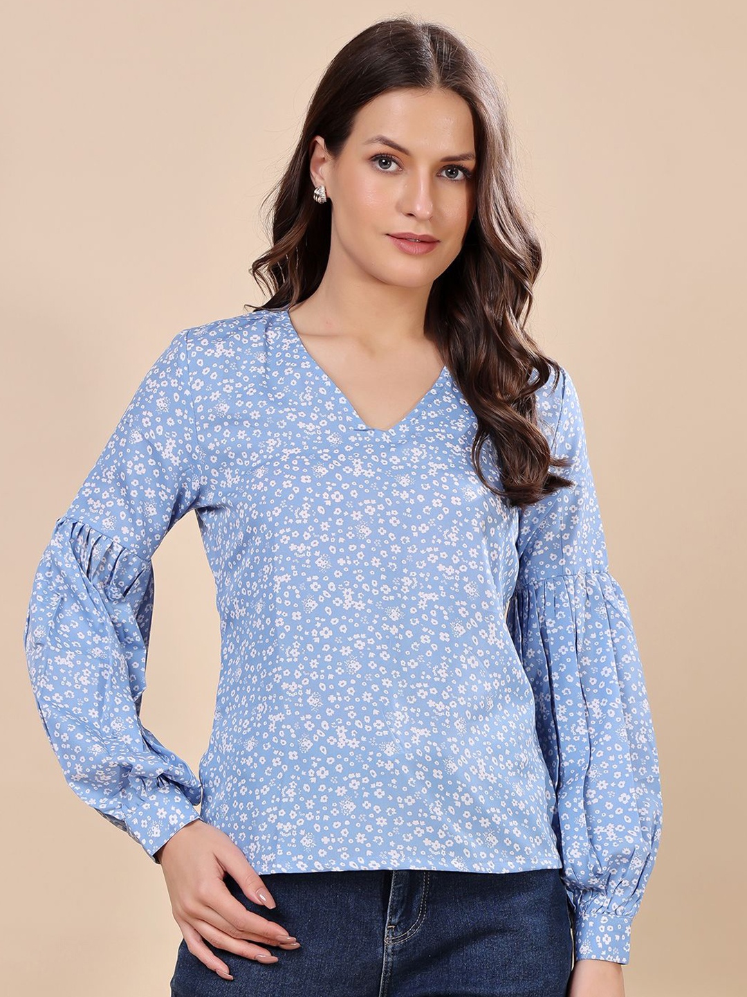 

SCORPIUS Women Floral Printed V-Neck Cuffed Sleeves Top, Blue