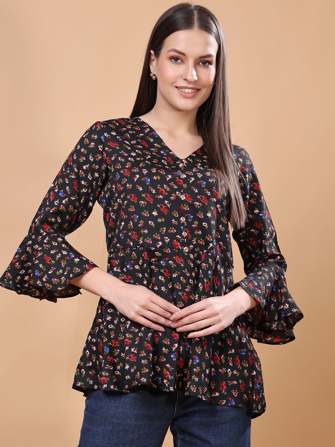

SCORPIUS Women Floral Printed Bell Sleeve Tube Top, Black