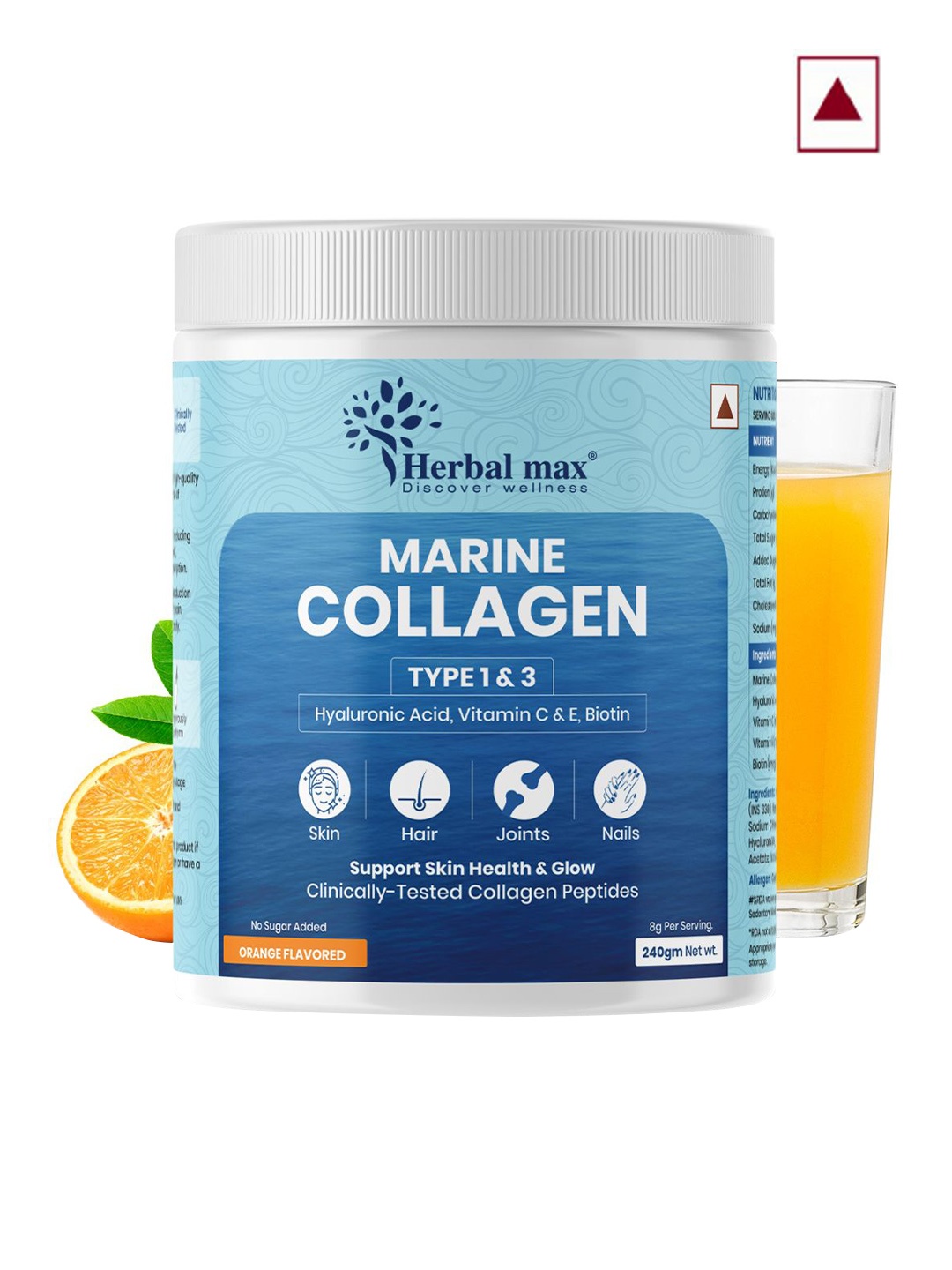 

Herbal max Orange Flavoured Skin Radiance Marine Collagen Powder with Vitamin C - 240 g, Blue