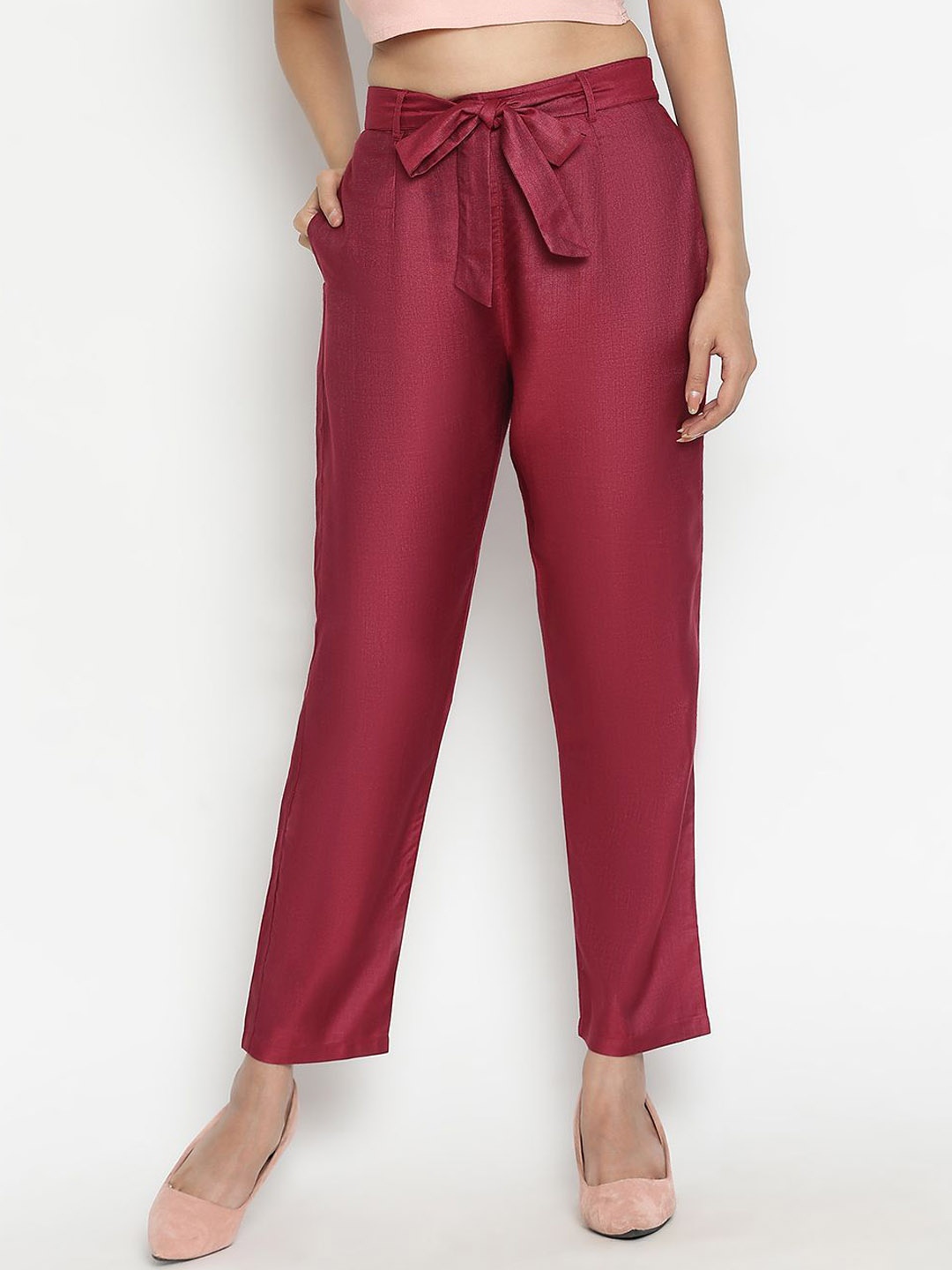 

TOLIKE Women Relaxed Mid-Rise Cropped Silk Trousers, Maroon