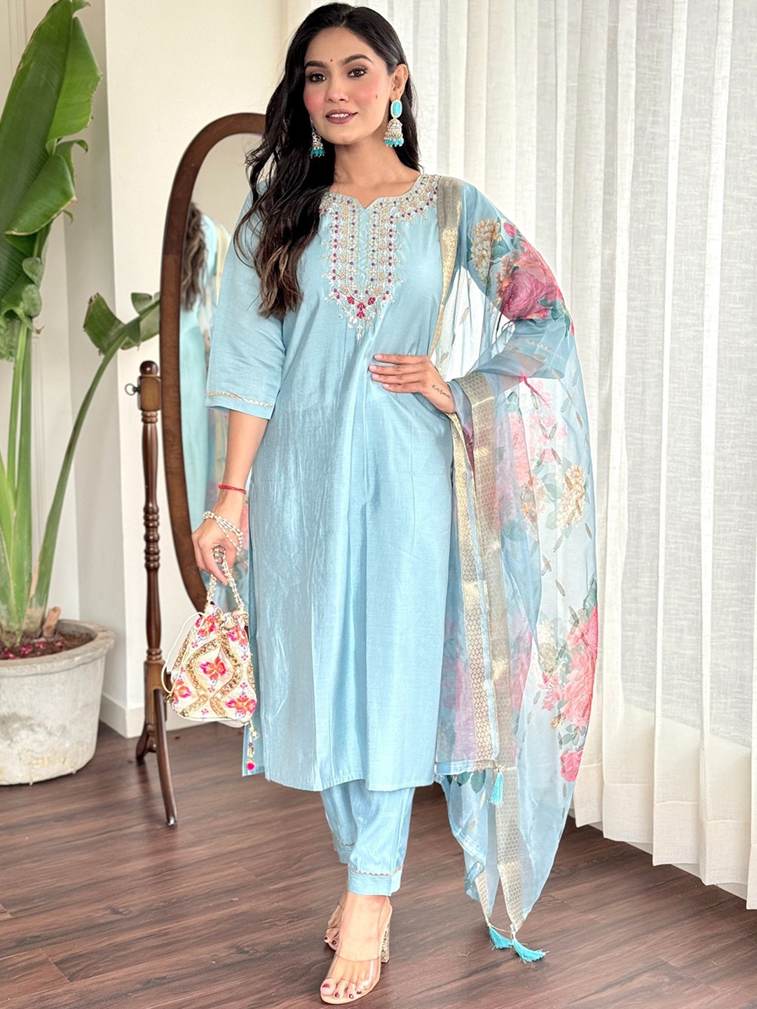 

Anouk Ethnic Motifs Embroidered Chanderi Silk Straight Kurta with Trousers & With Dupatta, Blue