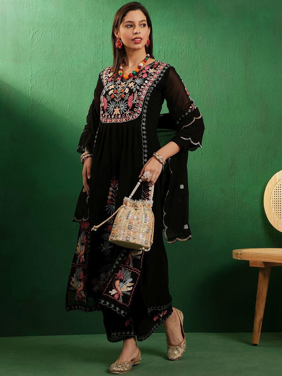 

Anouk Floral Embroidered Mirror Work Georgette Straight Kurta with Palazzos & Dupatta, Black