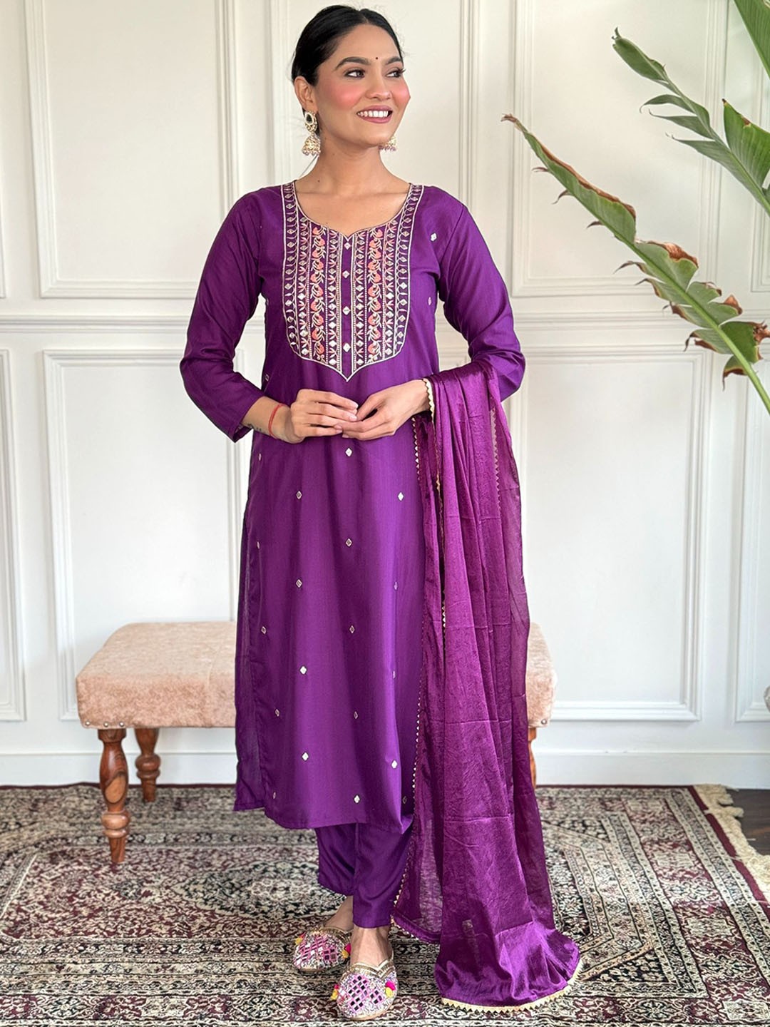 

Anouk Purple Embroidered Sequined Chanderi Silk Kurta With Trousers & Dupatta