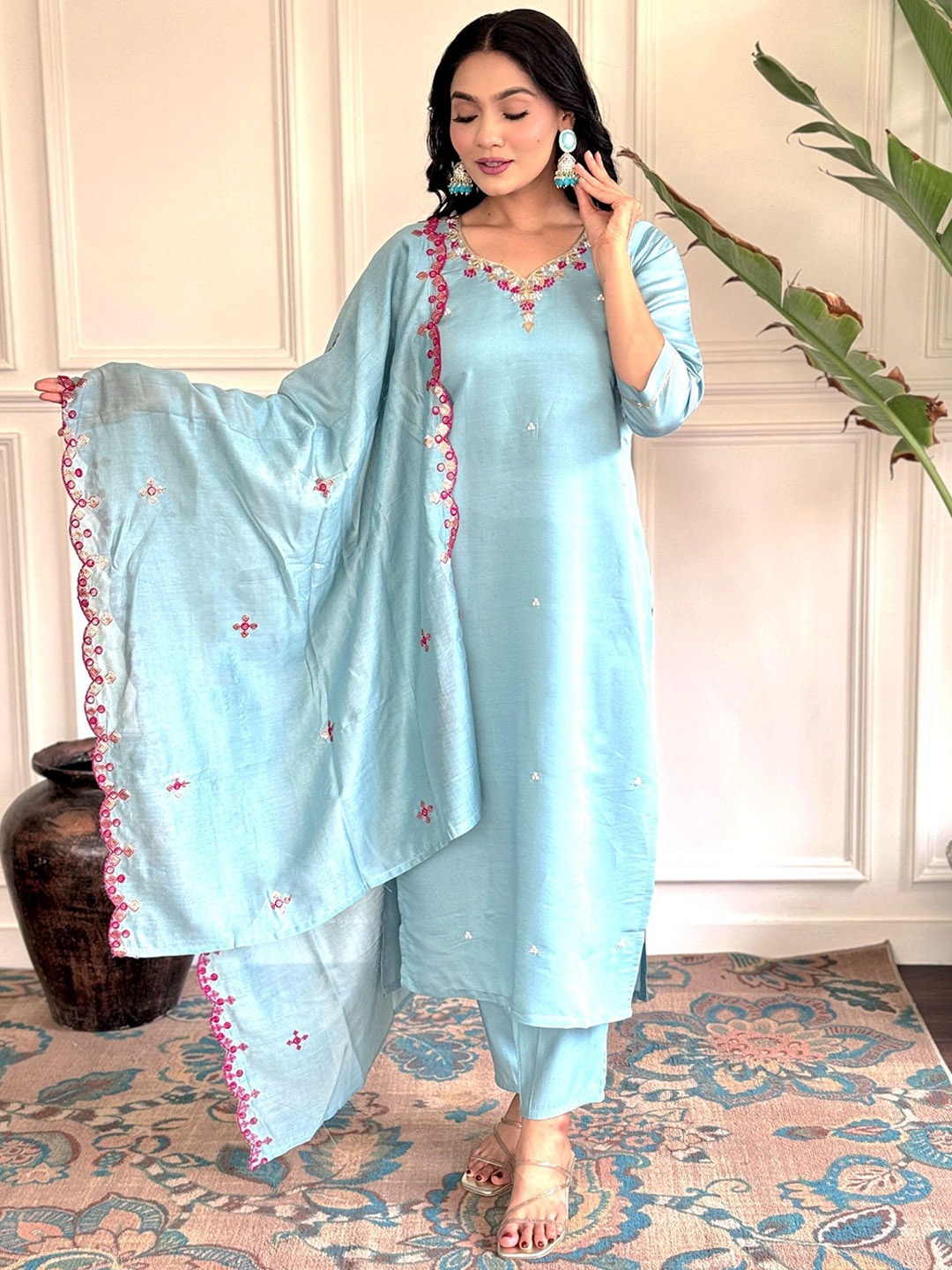 

Anouk Turquoise Blue Embroidered Beads & Stones Kurta With Trousers & Dupatta