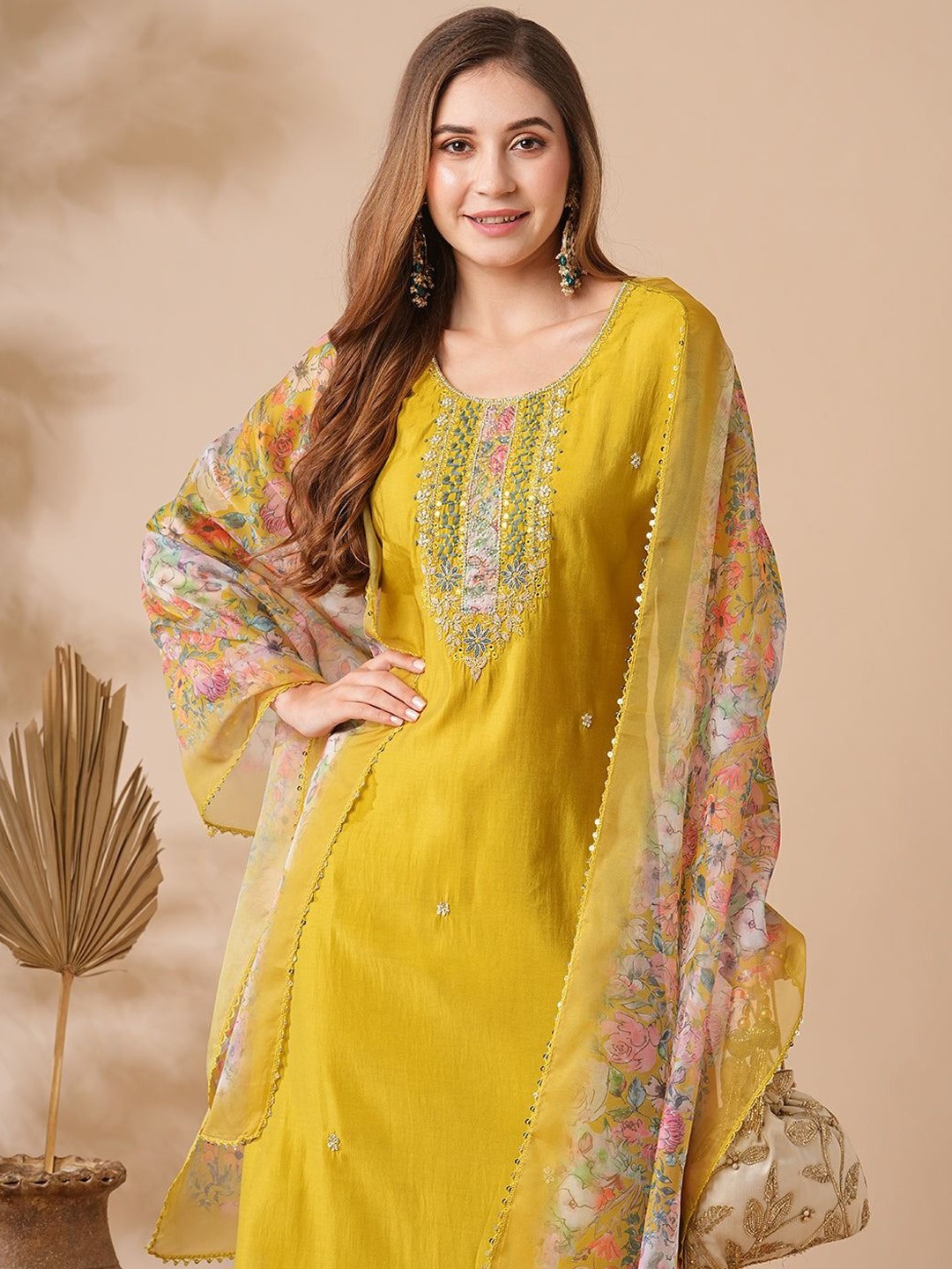 

Anouk Mustard Yellow Floral Embroidered Thread Work Chanderi Kurta With Trousers & Dupatta