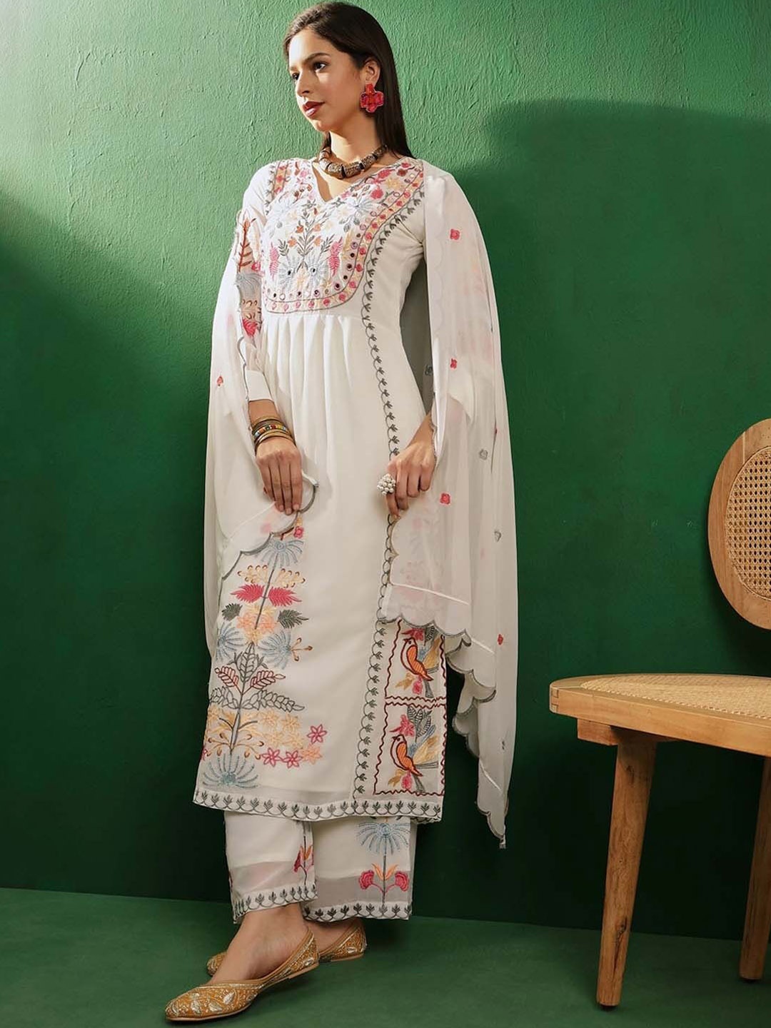 

Anouk Floral Embroidered Mirror Work Georgette Straight Kurta with Palazzos & Dupatta, Off white