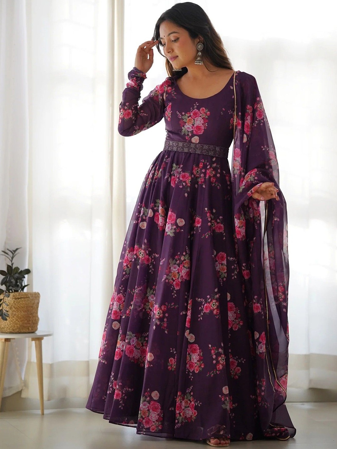 

Femvy Floral Printed Floral Anarkali Kurta With Dupatta, Magenta