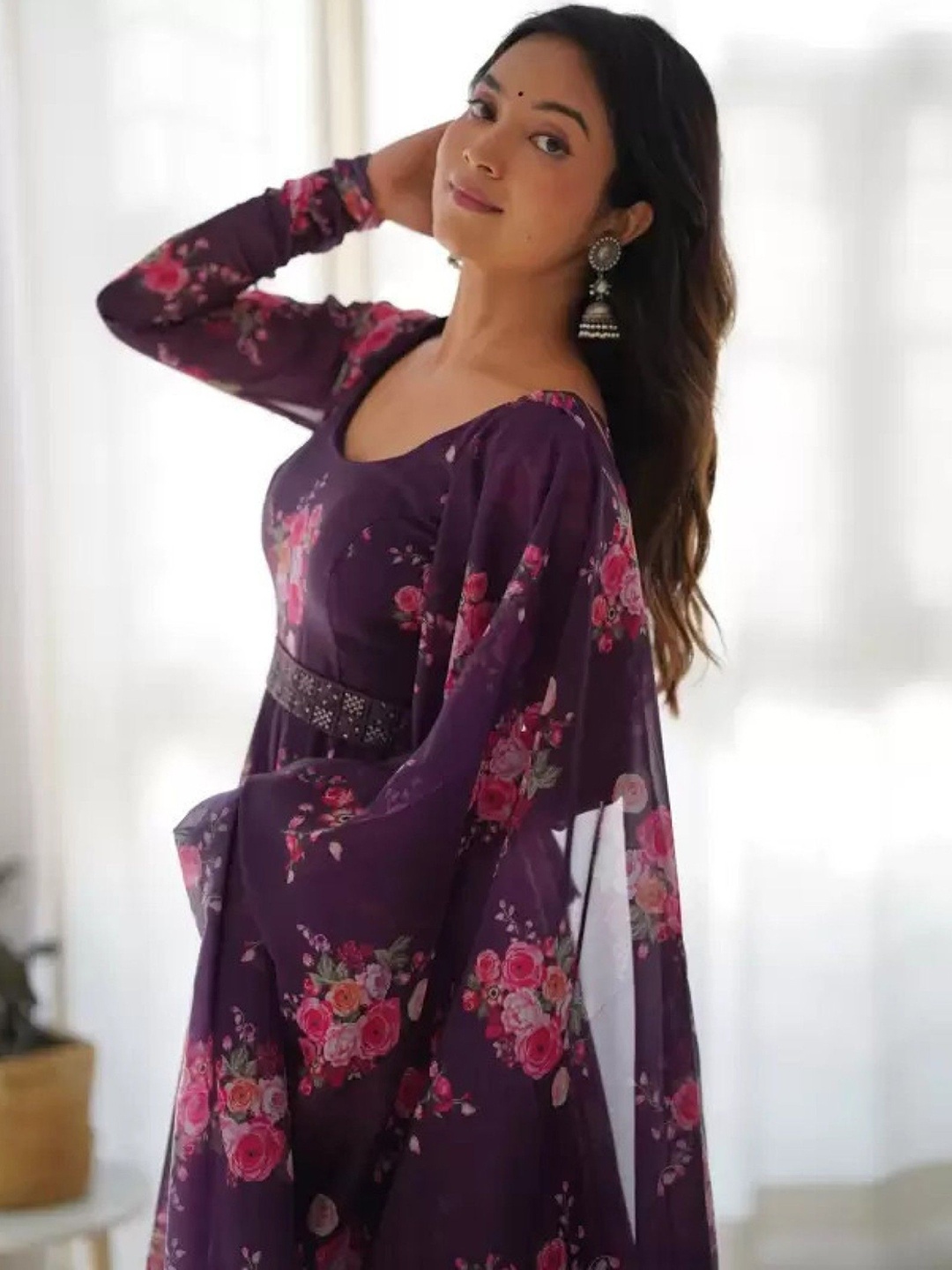 

Femvy Floral Printed Kurta With Dupatta, Magenta