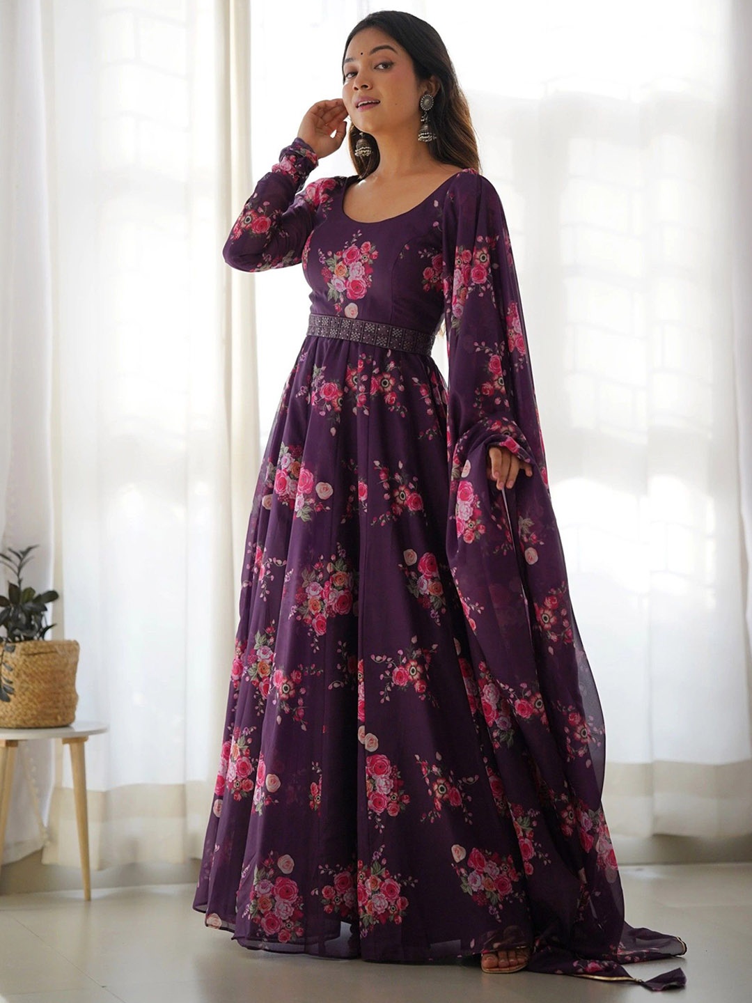 

Femvy Floral Printed Round Neck Fit & Flare Ethnic Dress With Duppatta, Magenta