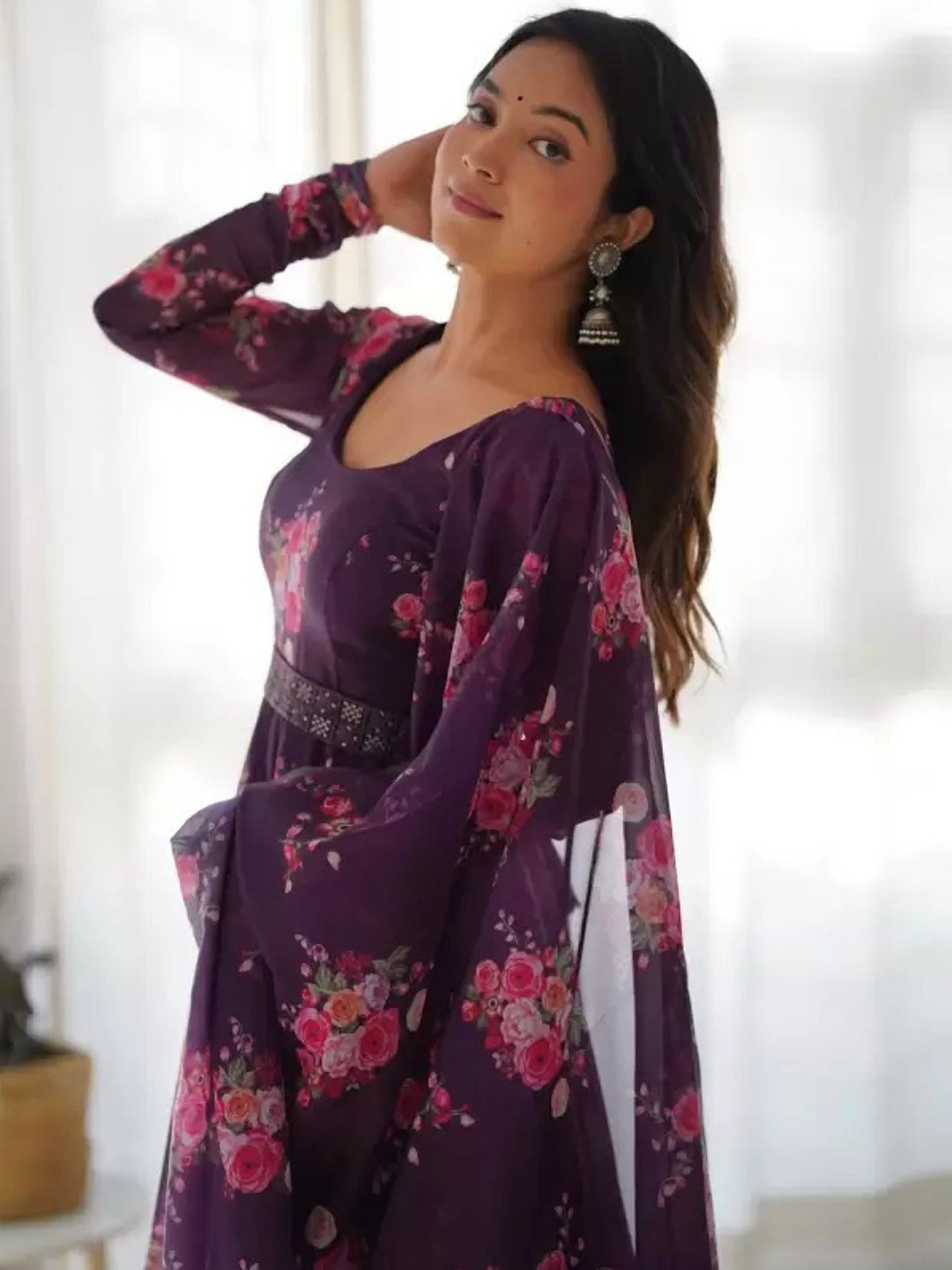 

Femvy Floral Printed Fit & Flare Maxi Ethnic Dress With Dupatta, Magenta