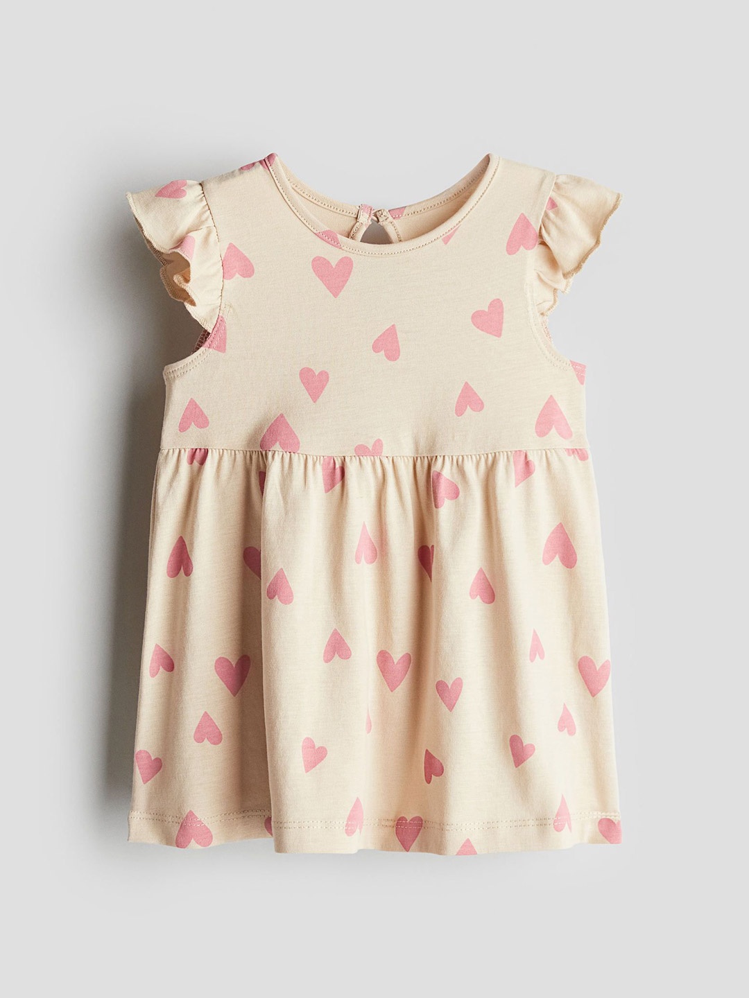 

H&M Girls Cotton Printed Flutter Sleeves Dress, Beige